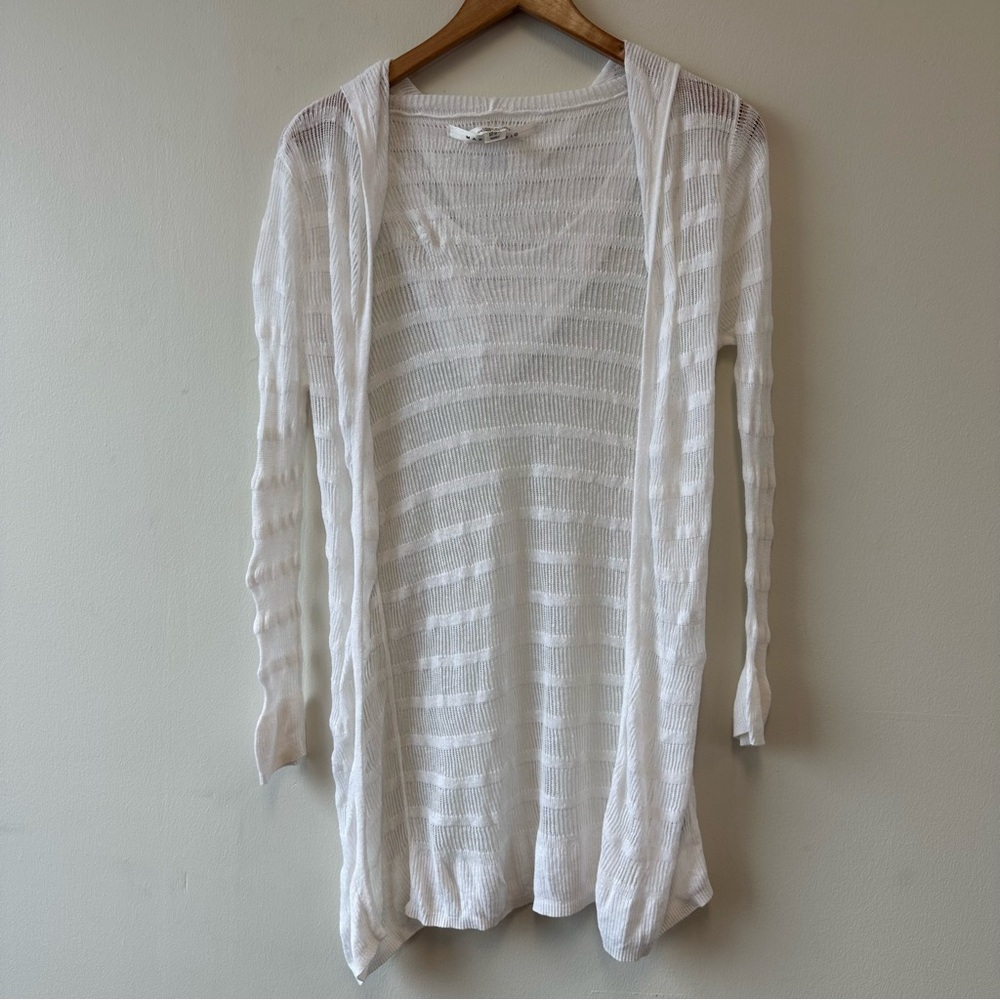 Max Studio White Linen Blend Open Knit Hooded Cardigan